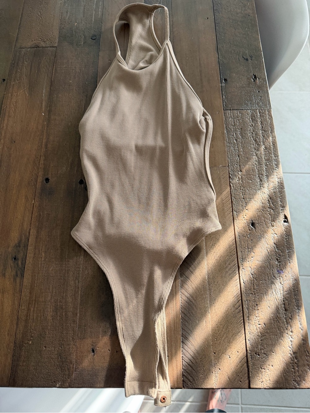 ALO Yoga Ribbed Beige High-Neck Bodysuit